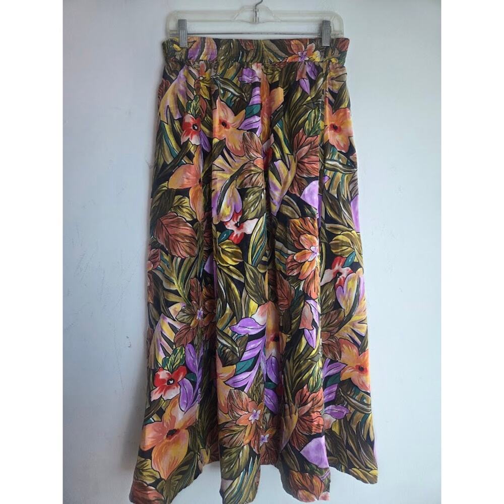 Island Silk Brown w/Multicolor Floral 100% Silk Pull On Maxi Skirt size Medium